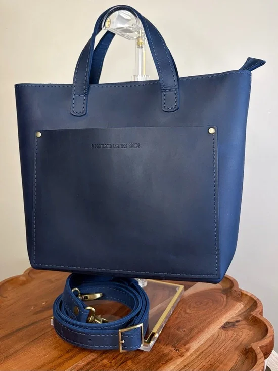 Portland Leather Mini Crossbody Tote Deep Water Blue EUC - Picture 14 of 15